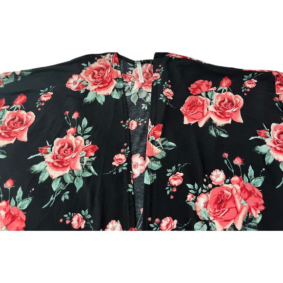 LIME N CHILI OPEN-FRONT CASCADING COVER-UP, WOMENS, M, BLACK W/PINK & GREEN ROSE - Picture 2 of 9